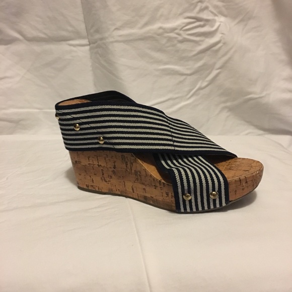 navy blue and white stripe wedge shoes - Picture 2 of 4